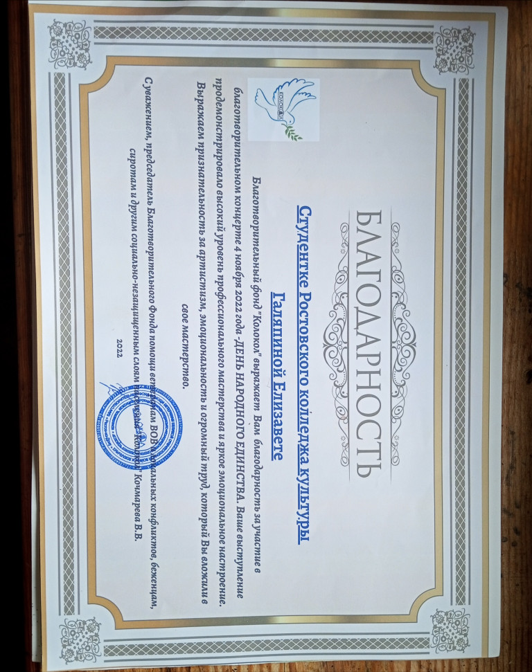 Благодарственное письмо за участие в концерте в честь Дня народного единства